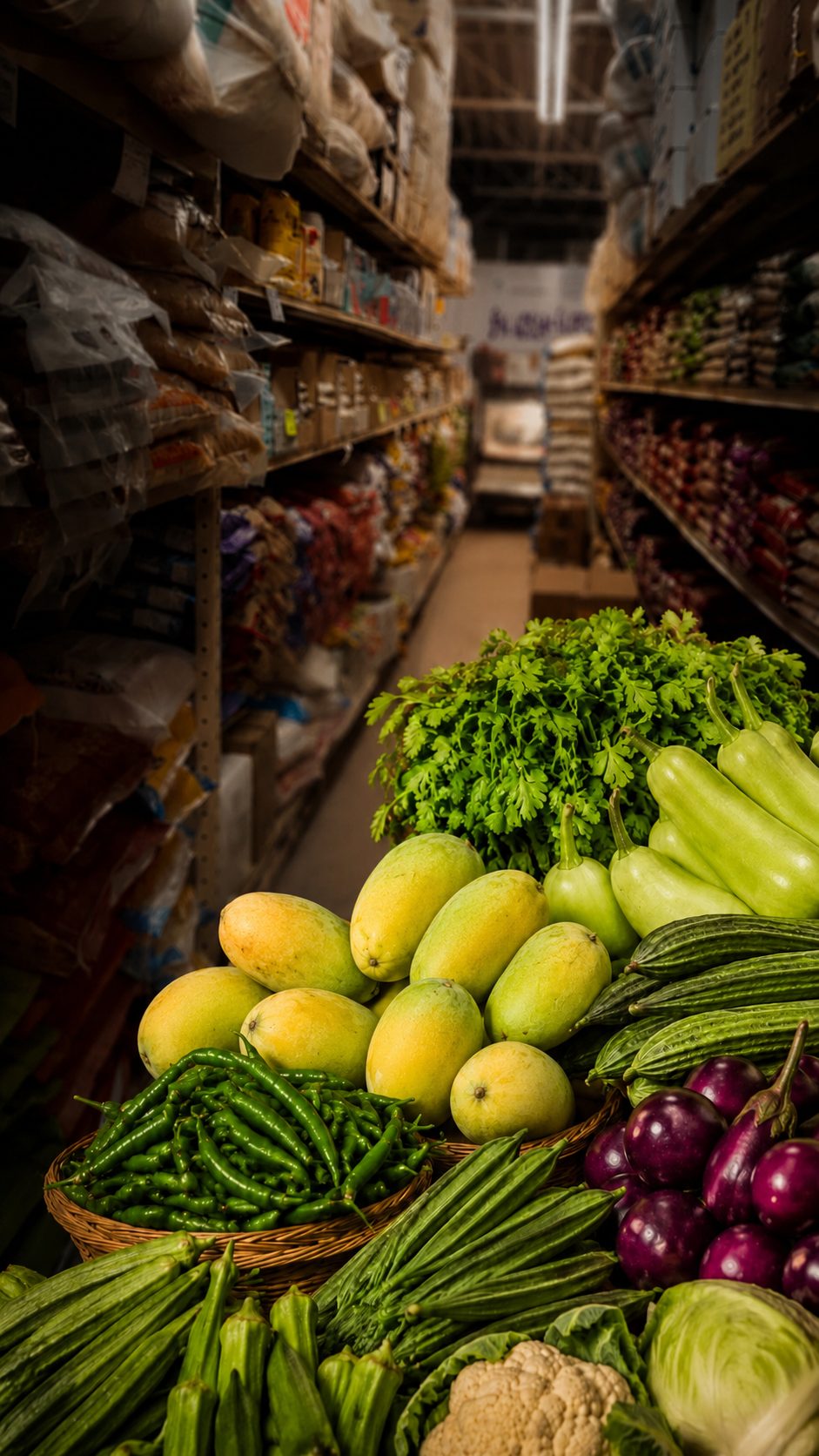 Fresh mangoes, green chilies and vegetables in the produce aisle at Swadesh Supermarket, west Saskatoon